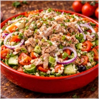 Gemengde salade met tonijn, sla, tomaten en uien