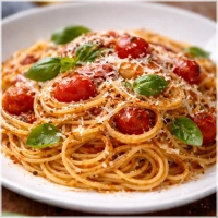 Champignons, ui, paprika, olijven in pikante tomatensaus, dit gerecht is inclusief Italiaans brood.