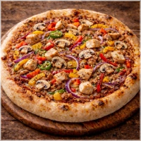 Tomaten, kaas, oregano, champignons, kipfilet, paprika, ui, knoflook